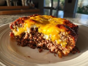 A close-up slice of moist crockpot french onion meatloaf topped with melted, browned cheddar cheese.