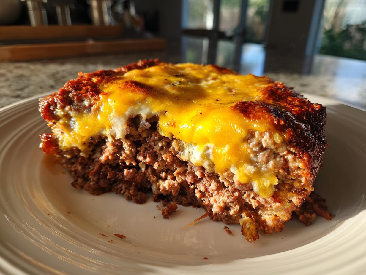 A close-up slice of moist crockpot french onion meatloaf topped with melted, browned cheddar cheese.