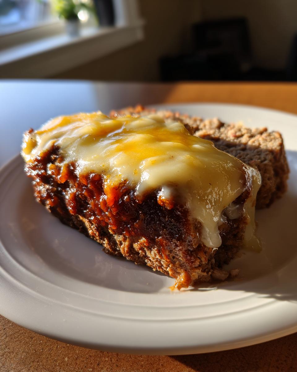 A close-up slice of crockpot french onion meatloaf topped with melted white and yellow cheese on a white plate.