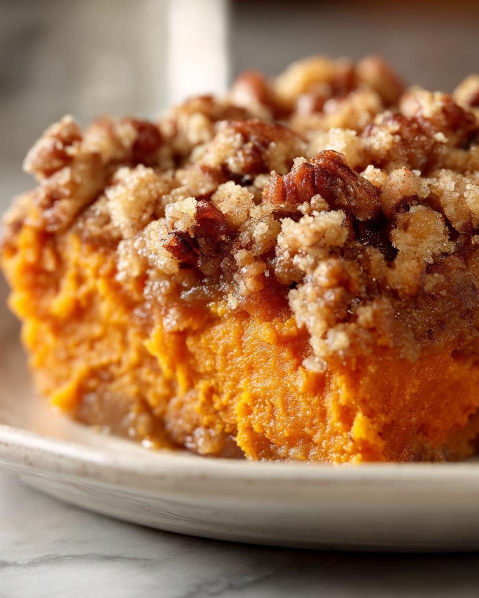 A close-up shot of a serving of vibrant orange crockpot sweet potato casserole topped with a crunchy pecan streusel topping.