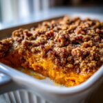 Close-up of a scoop taken out of a crockpot sweet potato casserole, showing the creamy orange filling and crunchy pecan streusel topping.