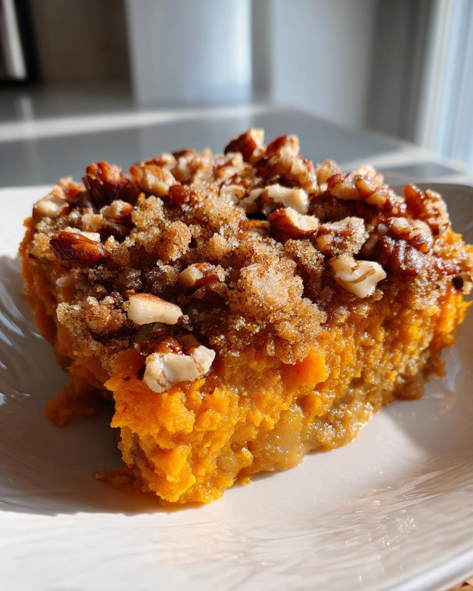 Close-up of a serving of crockpot sweet potato casserole topped with a brown sugar crumble and chopped pecans.