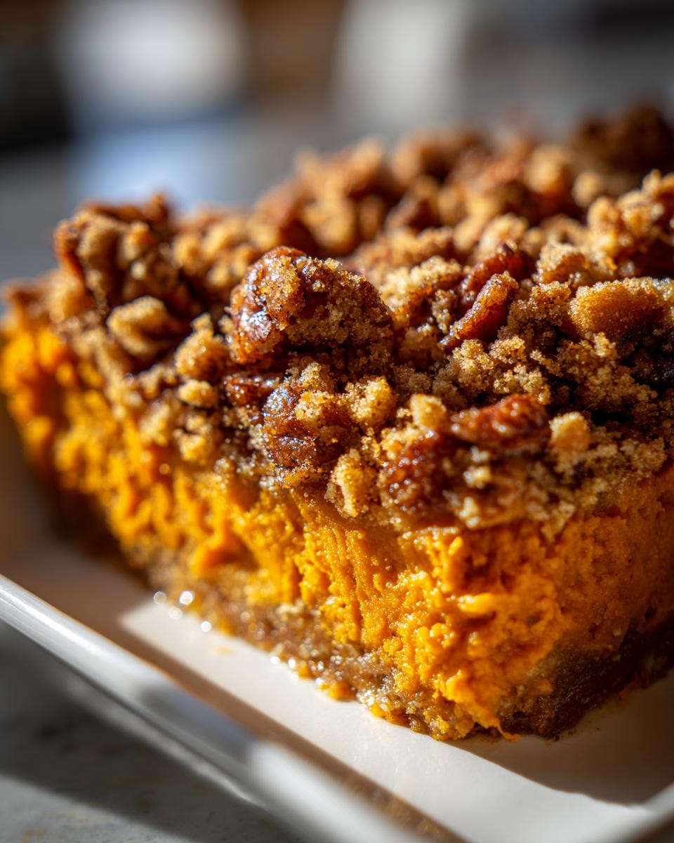 A close-up, macro shot of a rich, orange slice of crockpot sweet potato casserole topped with a crunchy brown sugar pecan crumble.