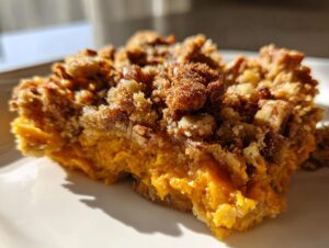 Close-up of a serving of moist crockpot sweet potato casserole topped with a crunchy pecan and brown sugar crumble.