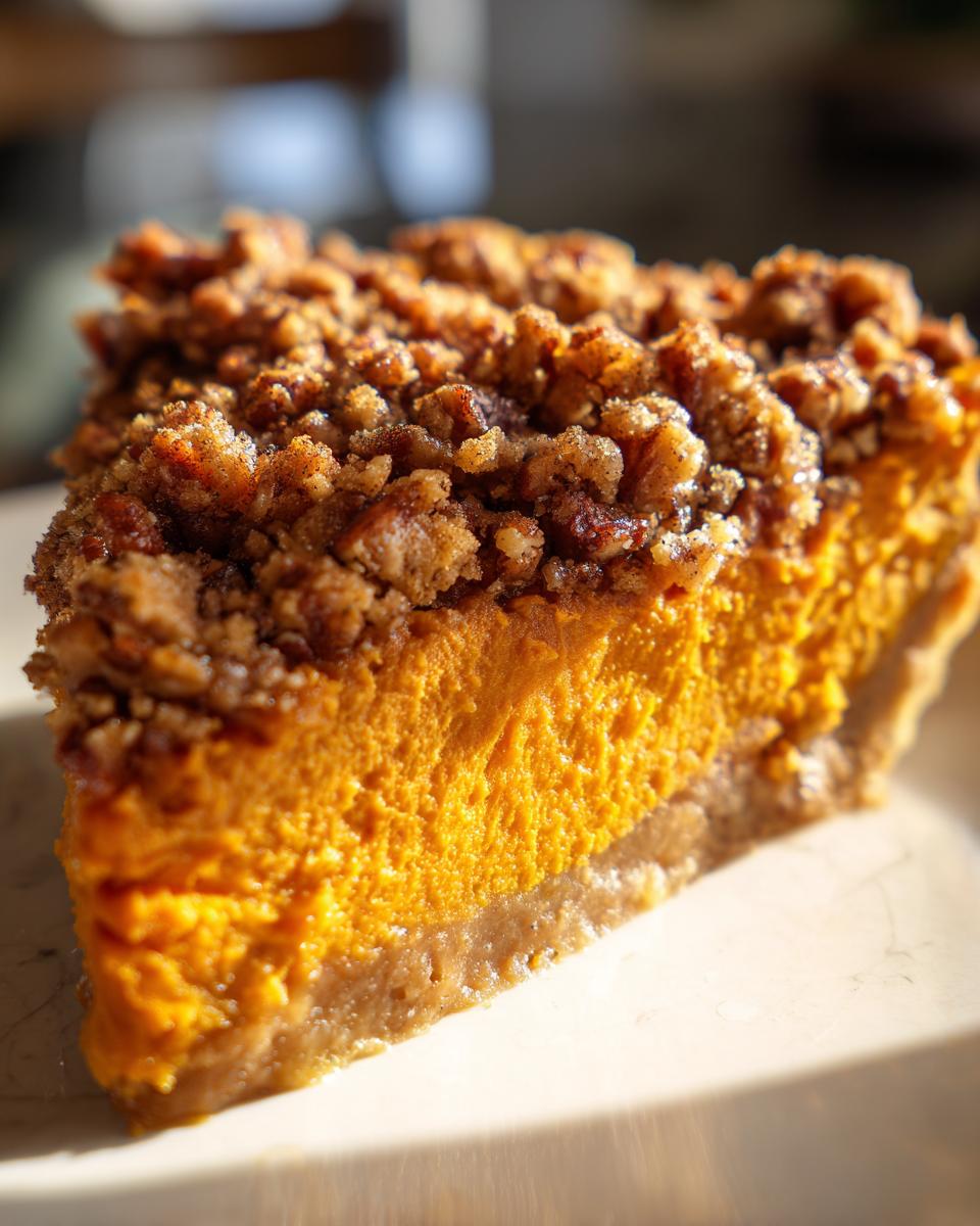 Close-up of a rich, orange slice of crockpot sweet potato casserole topped with a crunchy pecan streusel topping.