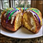 A cross-section view of a marbled King Cake, drizzled with purple, green, and yellow icing and sprinkles.