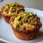 Two golden-brown pistachio muffins topped with a crunchy streusel and chopped pistachios, sitting on a white plate.
