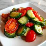 Close-up of a refreshing cucumber tomato salad featuring glossy, sliced cucumbers and halved cherry tomatoes tossed in a light dressing.