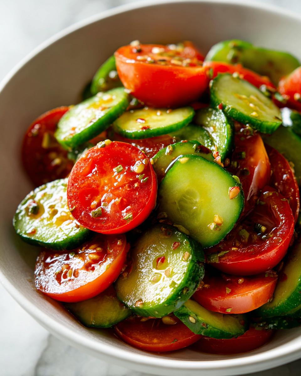 Close-up of vibrant cucumber tomato salad slices tossed in a savory dressing, ready to serve.