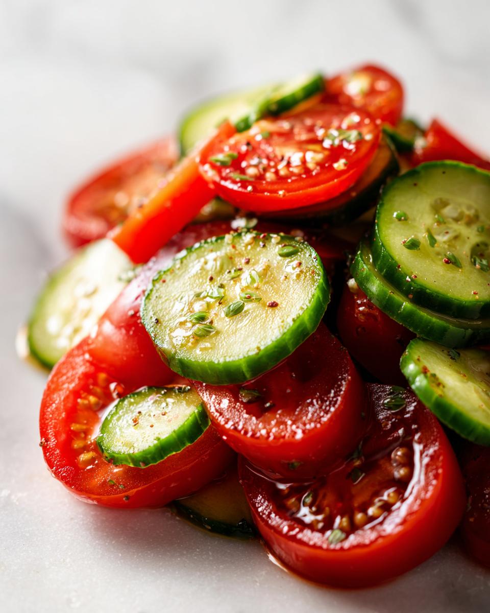 Close-up of a vibrant cucumber tomato salad featuring sliced tomatoes and cucumbers seasoned with herbs and pepper.