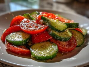 Close-up of sliced cucumbers and tomatoes tossed in a light dressing, making a vibrant cucumber tomato salad.