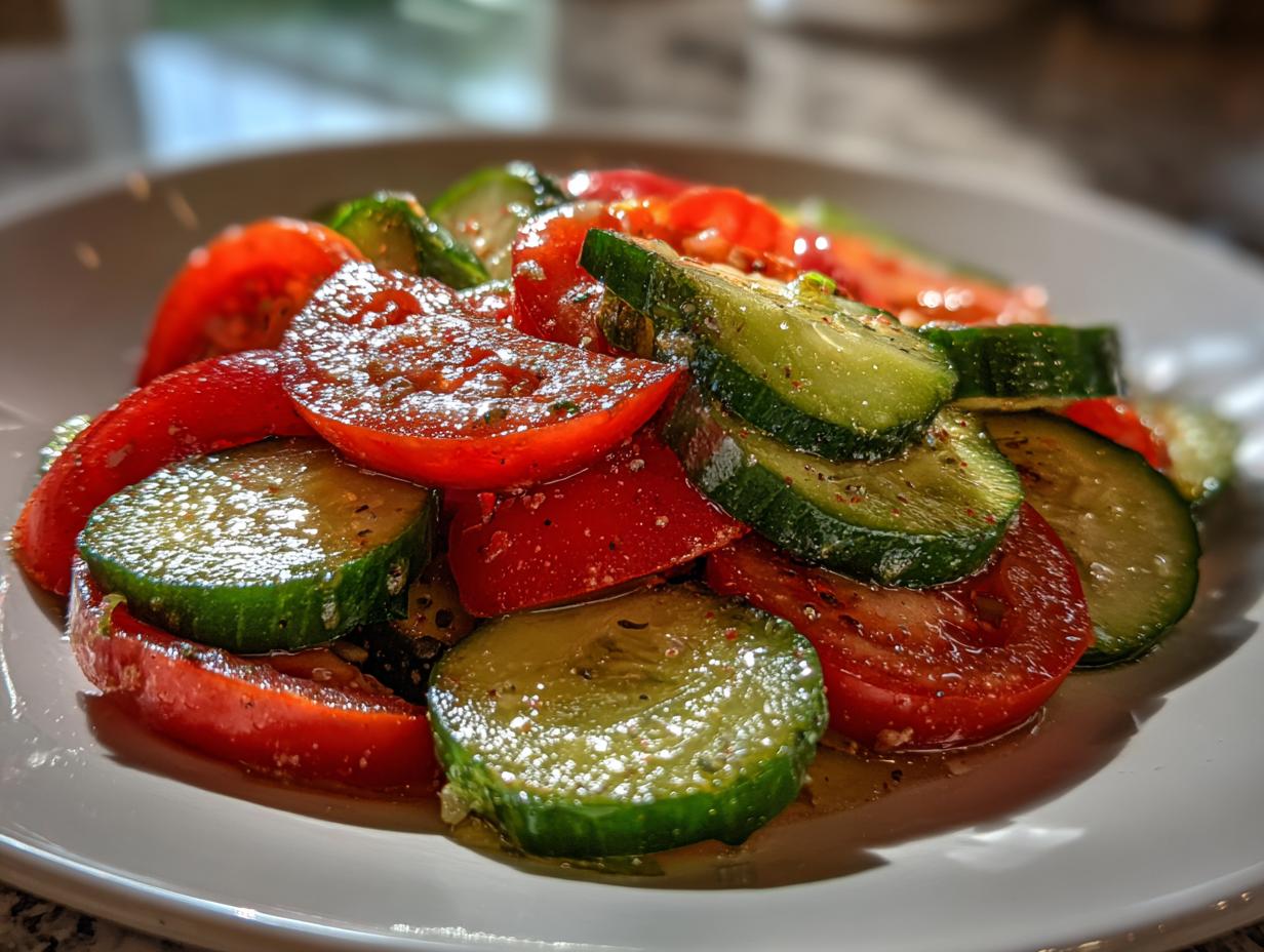 Close-up of sliced cucumbers and tomatoes tossed in a light dressing, making a vibrant cucumber tomato salad.
