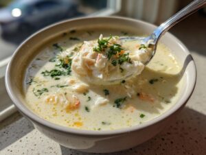 A spoonful of creamy crab soup loaded with white crab meat and topped with fresh parsley.