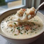 A spoonful of creamy crab soup, loaded with white crab meat and garnished with parsley.