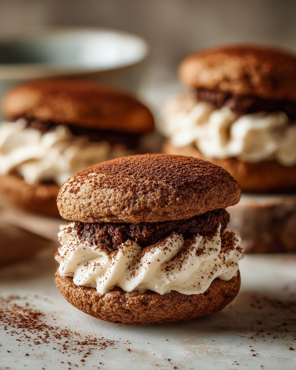 A close-up of one decadent tiramisu cookies sandwich filled with rich cream and dusted heavily with cocoa powder.
