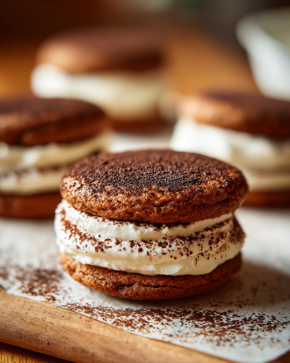 A close-up of a decadent tiramisu cookies sandwich filled with thick white cream and dusted heavily with cocoa powder.