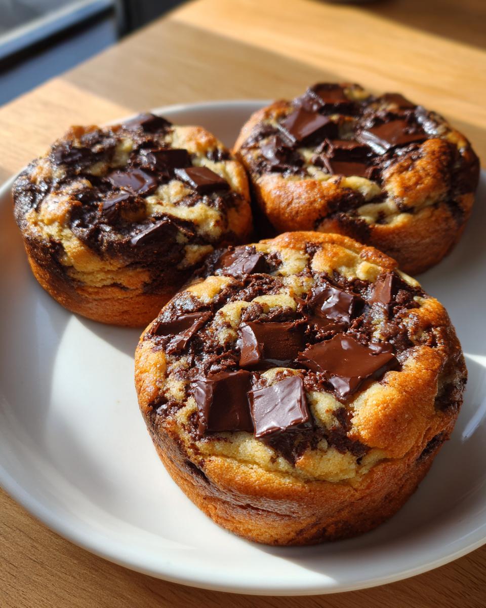 Three golden-brown, deep-dish chocolate chip cookie cups topped with melted chocolate chunks on a white plate.