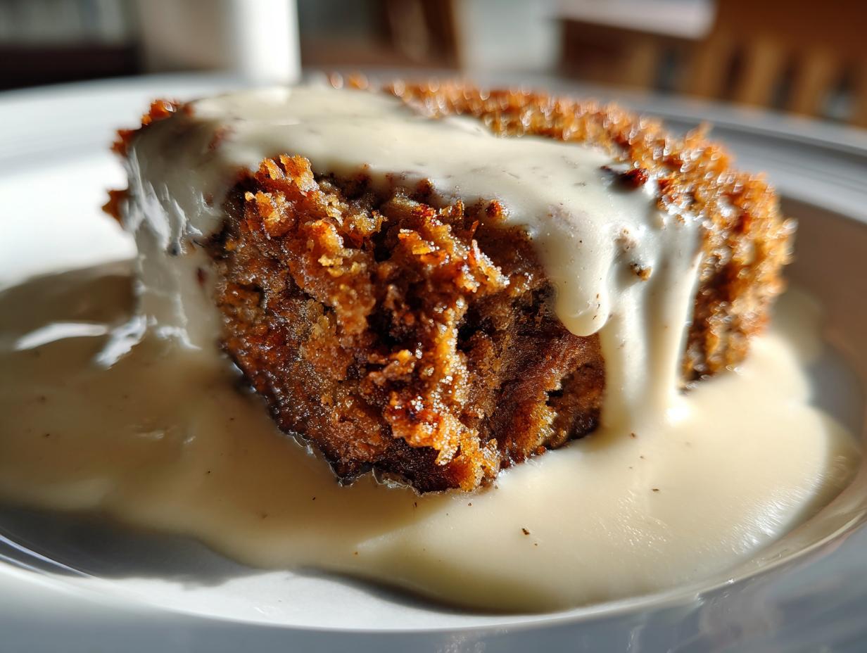 Close-up of a rich, brown dessert slice covered in thick, creamy white sauce, unrelated to chicken fried steak.