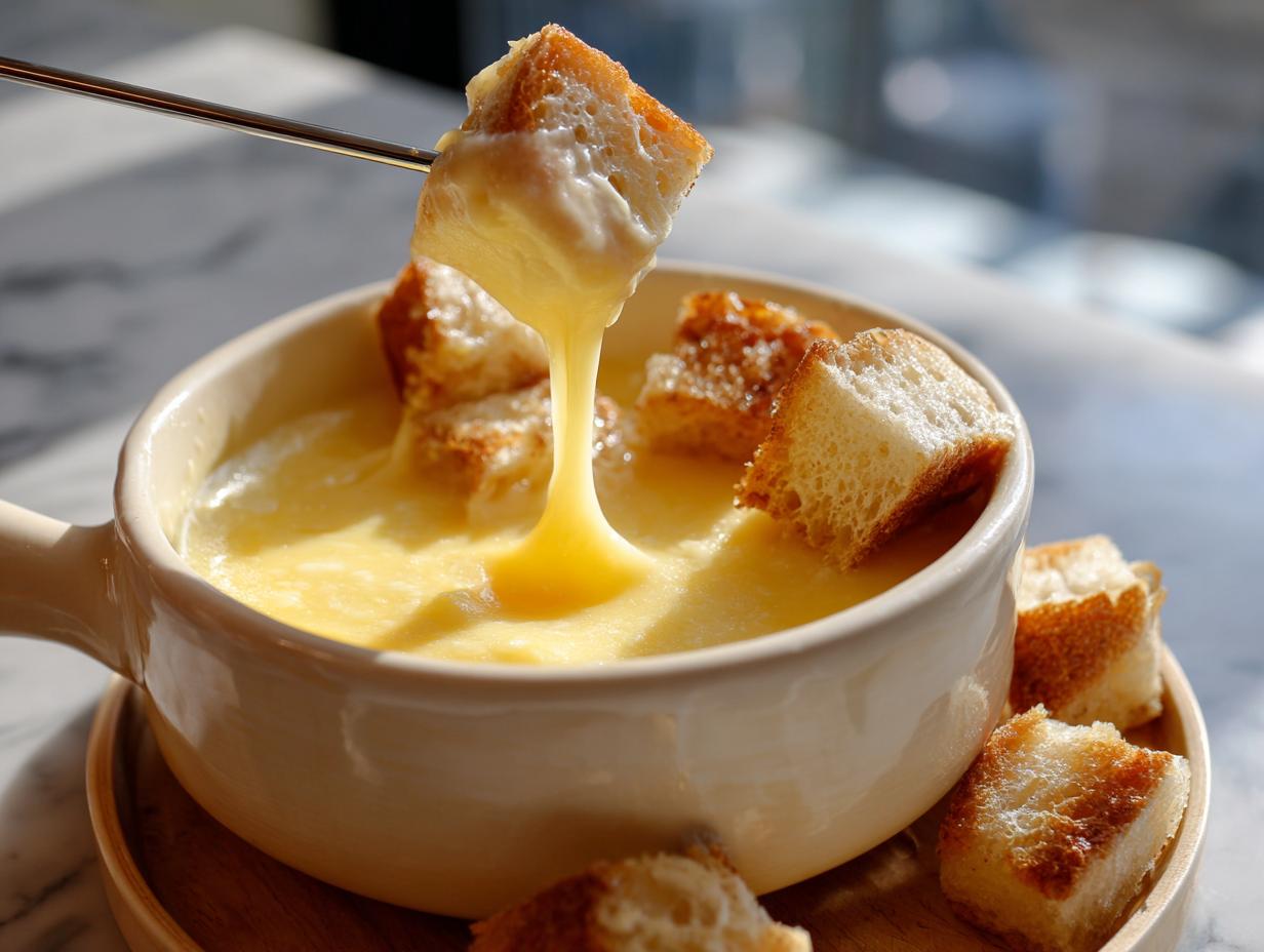 A piece of toasted bread is dipped into a creamy, melted cheese fondue recipe using a long fork.