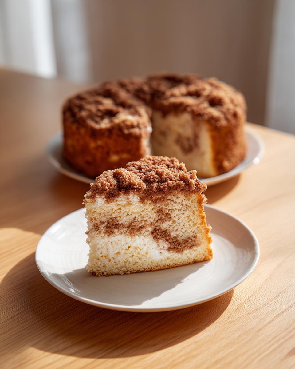 A perfect slice of divine coffee cake featuring a thick, crumbly streusel top and a cream cheese swirl inside.