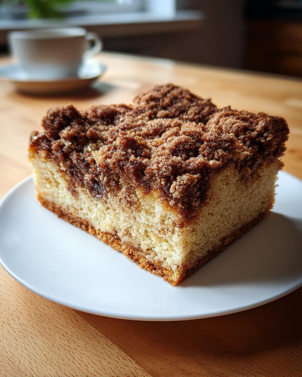 A close-up of a square slice of moist coffee cake topped with thick, crumbly brown sugar streusel.