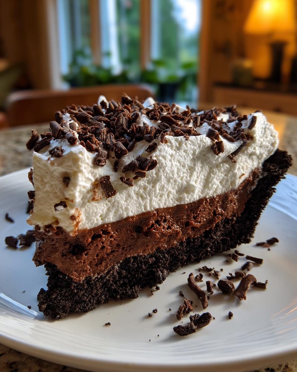 A decadent slice of mud pie featuring a dark crust, rich chocolate mousse, whipped cream, and chocolate shavings.