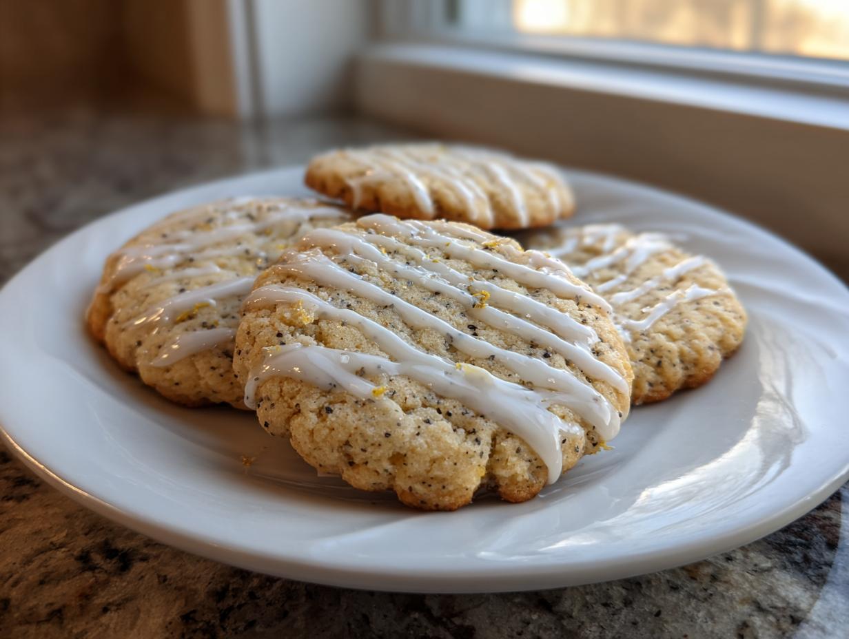 Four freshly baked Earl Grey cookies drizzled with white lemon glaze, resting on a white plate.
