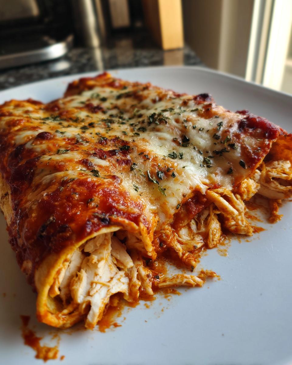 Close-up of two easy chicken enchiladas smothered in red sauce and melted cheese, showing shredded chicken filling.