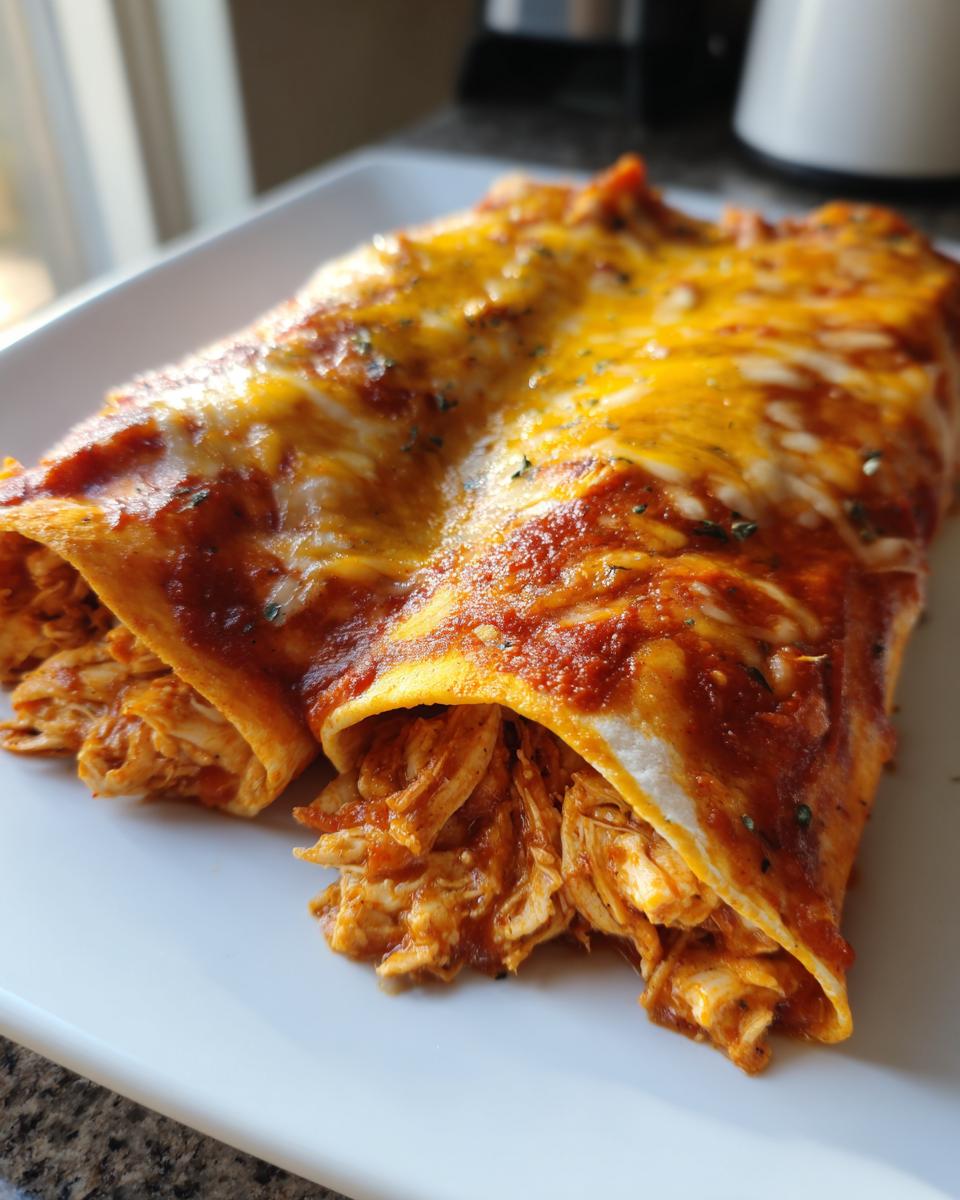 Close-up of two easy chicken enchiladas smothered in red sauce and melted cheddar cheese on a white plate.