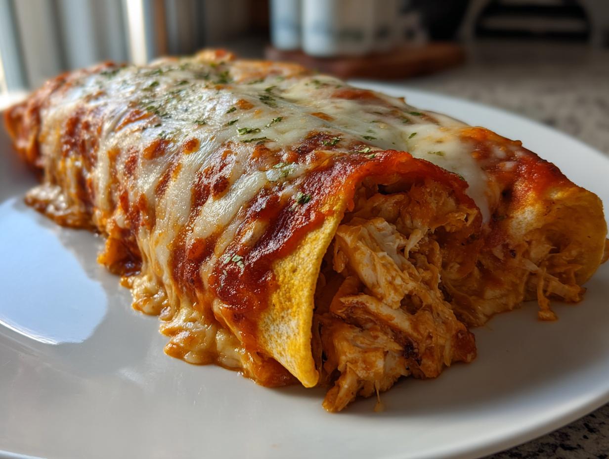 Close-up of two easy chicken enchiladas smothered in red sauce and melted white cheese, garnished with herbs.