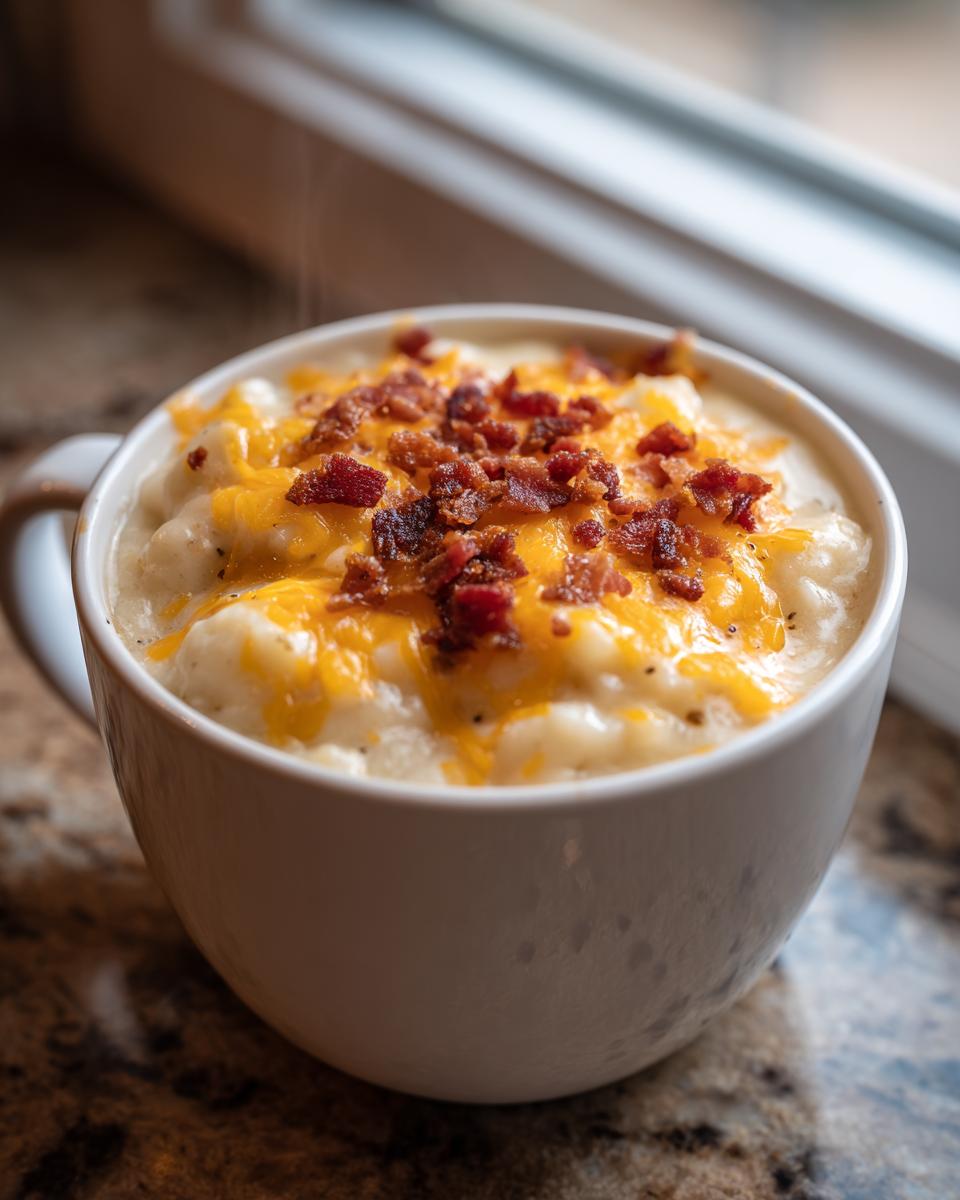 Close-up of steaming easy crockpot potato soup in a white mug, generously topped with melted cheddar cheese and crispy bacon bits.