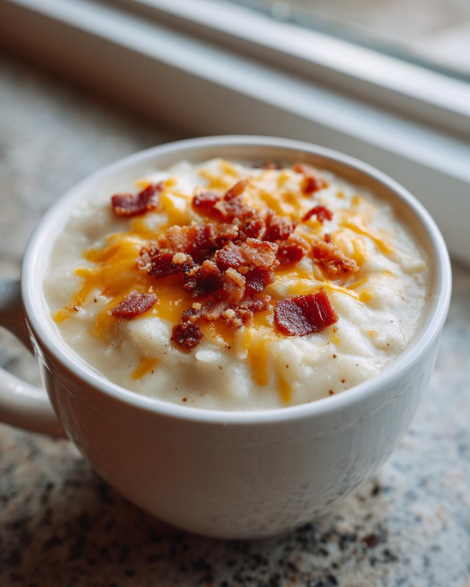 Close-up of creamy easy crockpot potato soup in a white mug, topped with melted cheddar cheese and crispy bacon bits.