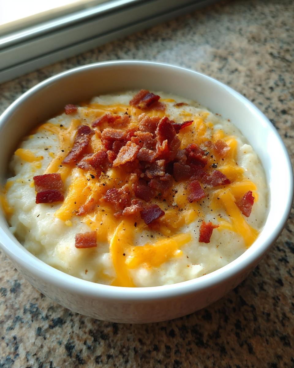 A close-up of a white bowl filled with creamy easy crockpot potato soup, topped with melted cheddar cheese and crumbled bacon.