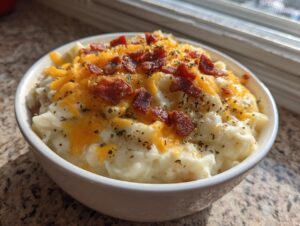 A close-up of a bowl of creamy easy crockpot potato soup topped with melted cheddar cheese, bacon bits, and herbs.