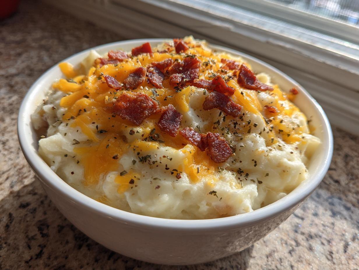 A close-up of a bowl of creamy easy crockpot potato soup topped with melted cheddar cheese, bacon bits, and herbs.