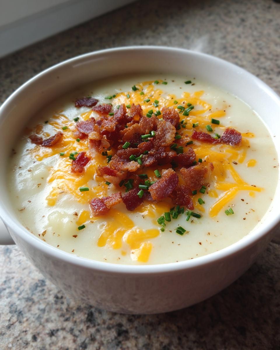 Close-up of a creamy bowl of easy crockpot potato soup topped generously with shredded cheddar cheese, crispy bacon bits, and fresh chives.