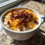 A close-up of a white mug filled with creamy easy crockpot potato soup, topped generously with shredded cheddar cheese and crispy bacon bits.