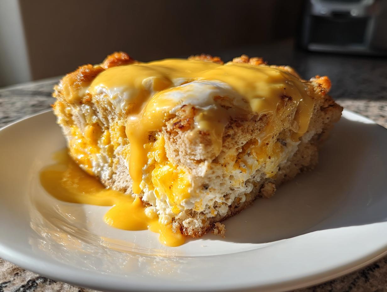 A single serving slice of eggs benedict casserole topped with melted cheese sauce dripping down the side.