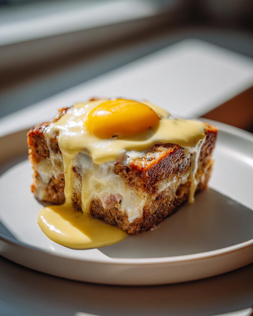 Close-up of a square slice of eggs benedict casserole topped with a runny egg yolk and rich hollandaise sauce.