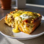 A single serving slice of eggs benedict casserole topped with a poached egg and dripping hollandaise sauce.