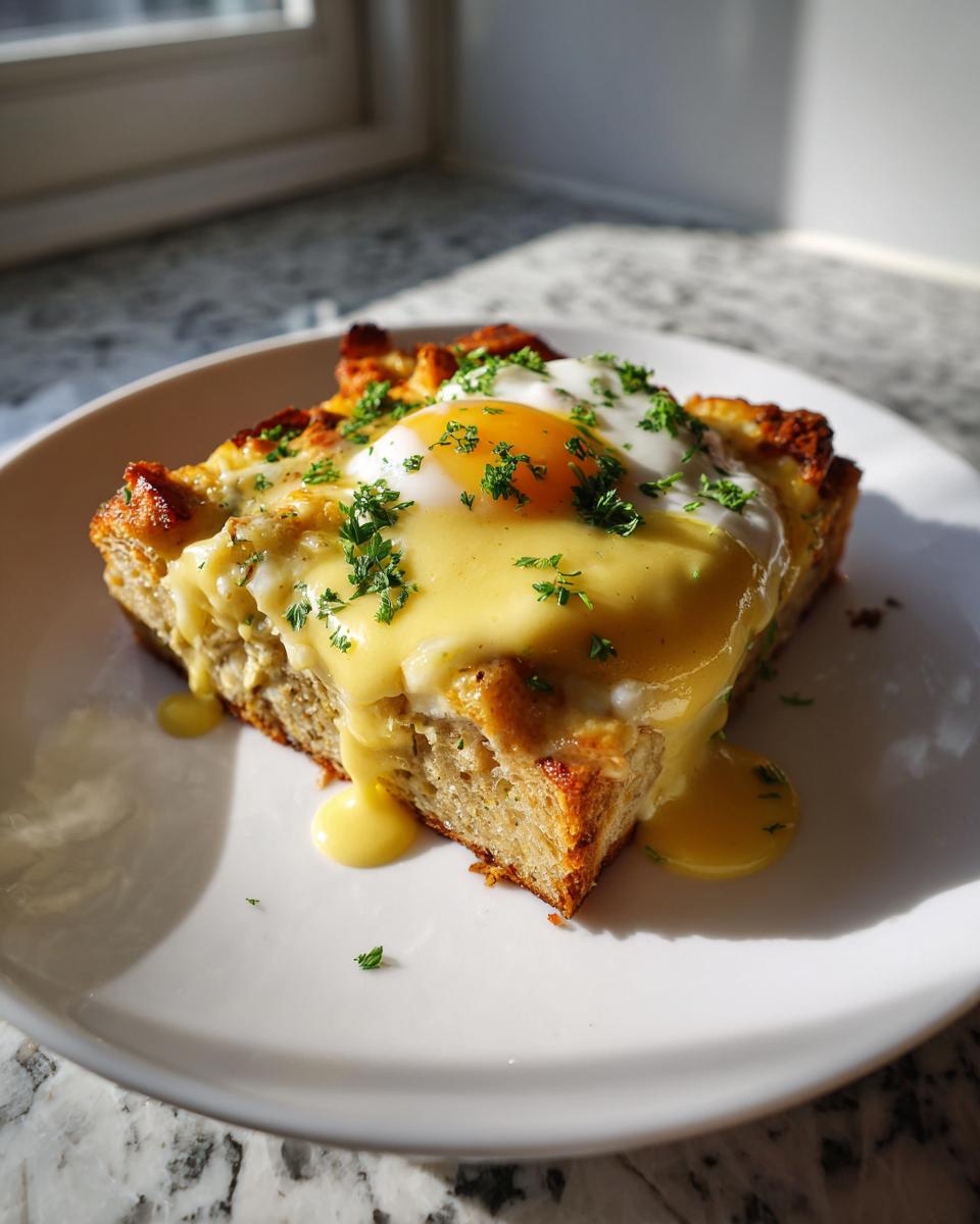 A close-up of a single serving slice of eggs benedict casserole topped with a sunny-side-up egg and hollandaise sauce.