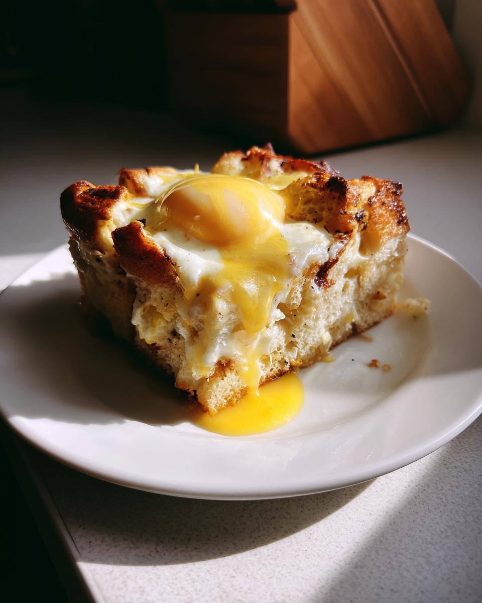A square serving of eggs benedict casserole featuring a baked egg with a bright, runny yolk spilling onto the plate.