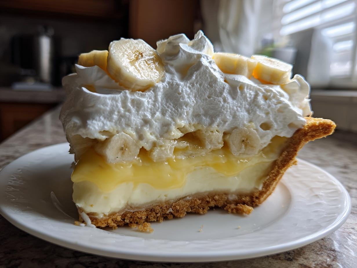 A close-up, featured image of a thick slice of banana cream pie showing layers of crust, custard, bananas, and whipped cream.