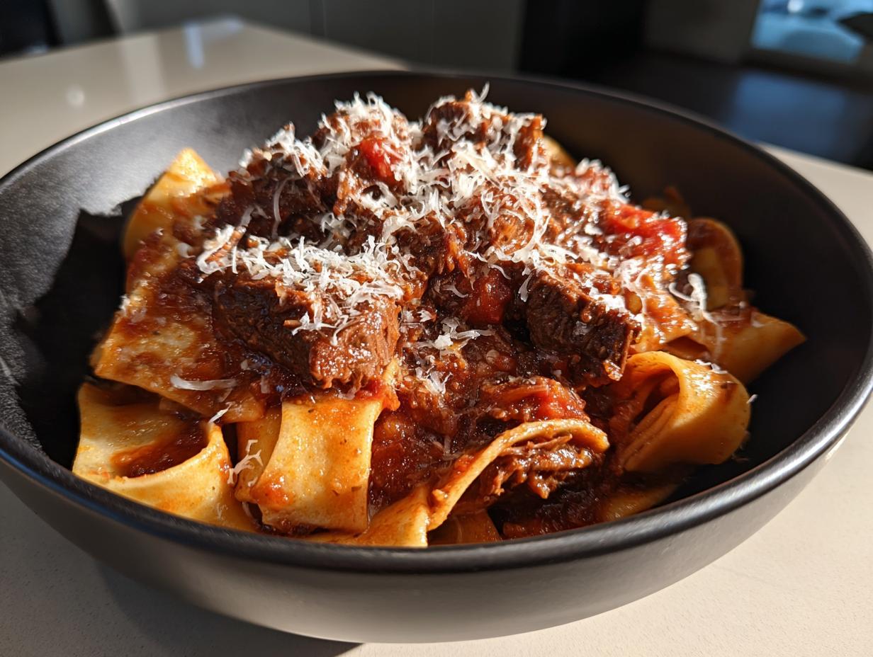 A close-up of wide pappardelle pasta generously topped with rich, slow-cooked beef ragu and grated Parmesan cheese.