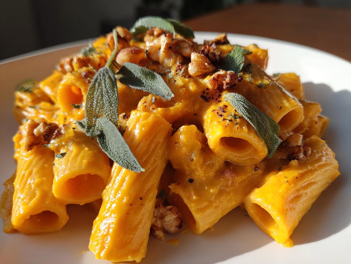 Close-up of rigatoni pasta coated in a rich, orange butternut squash pasta sauce, topped with fresh sage leaves and toasted walnuts.
