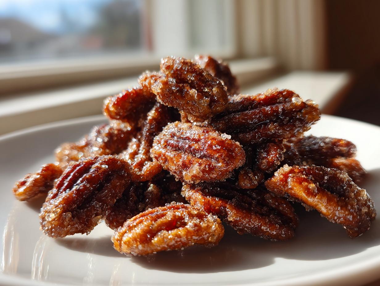 A close-up photo of a pile of glossy, sugar-coated candied pecans resting on a white plate.