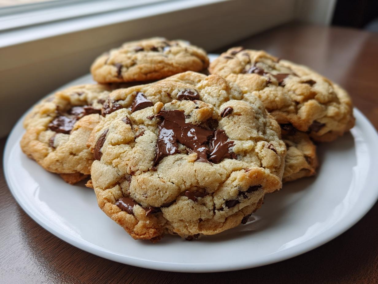 A stack of thick, golden chewy chocolate chip cookies with melted chocolate chunks piled on a white plate.