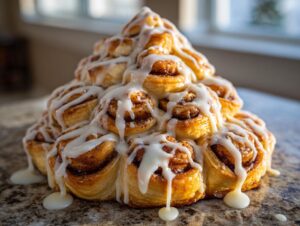 A towering stack of golden brown christmas tree cinnamon rolls generously drizzled with white icing.