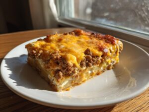 A square slice of rich hamburger potato casserole topped with melted cheddar cheese, served on a white plate.
