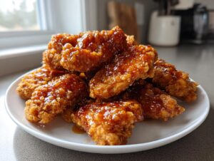A close-up of crispy, golden fried hot honey chicken tenders piled high on a white plate, glistening with sweet and spicy glaze.